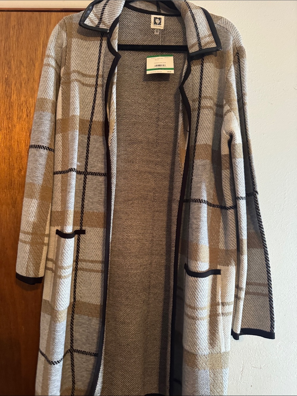 Anne Klein Beige and Black Open Front Plaid Long Cardigan Coat - Picture 5 of 5